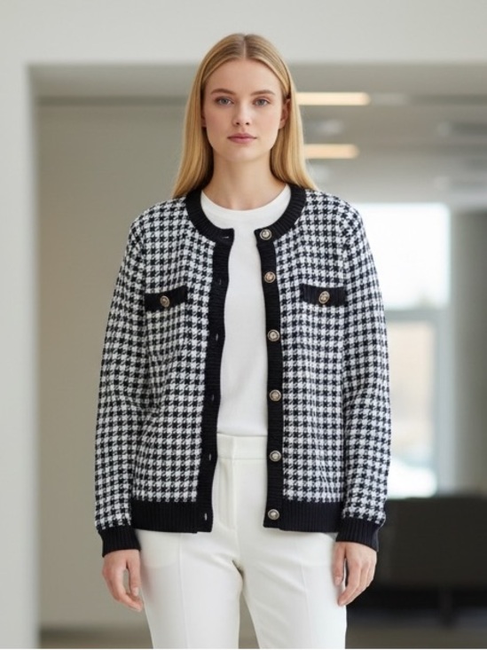 Alfred Dunner Sweaters - Vintage Navy & White Houndstooth Knit Cardigan Sweater